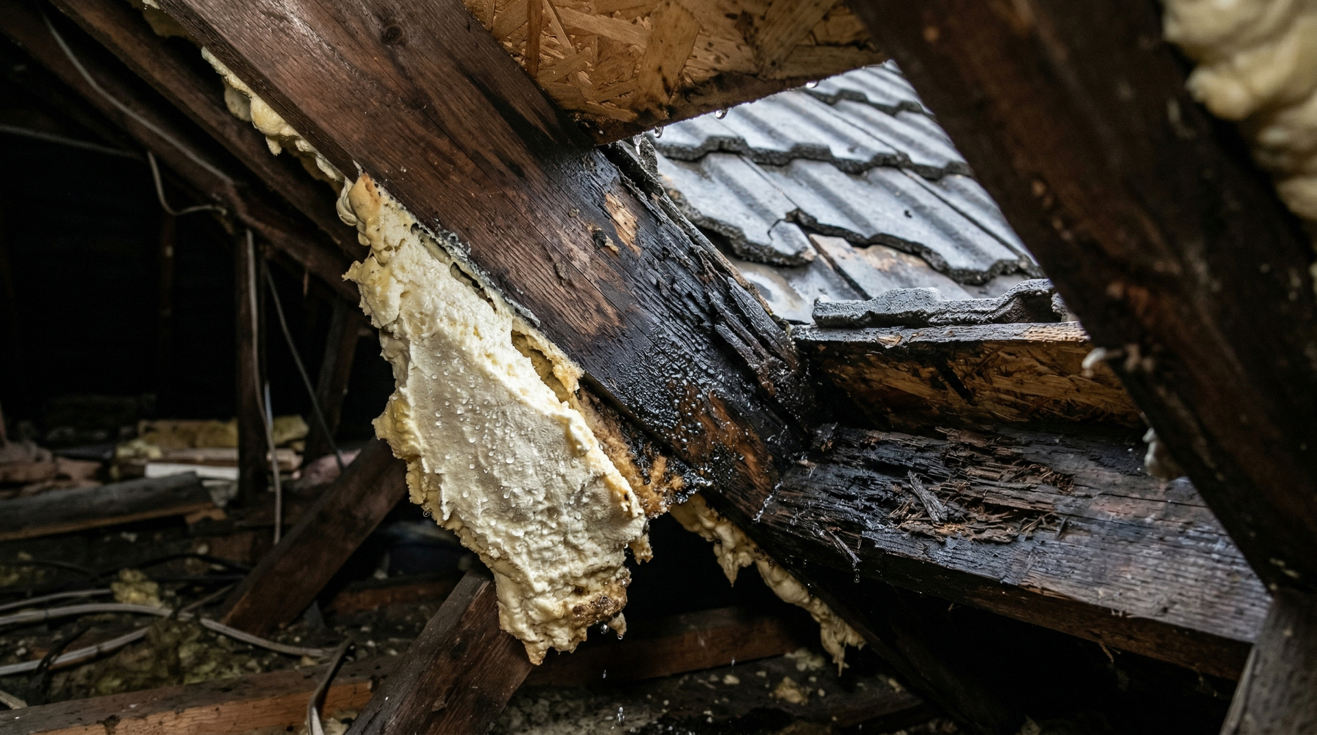 Blackened, wet-rotted rafter found under foam — the timber stayed damp year after year.