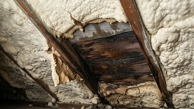 Foam lifted away from the rafters, showing blackened, damp-damaged timber beneath.